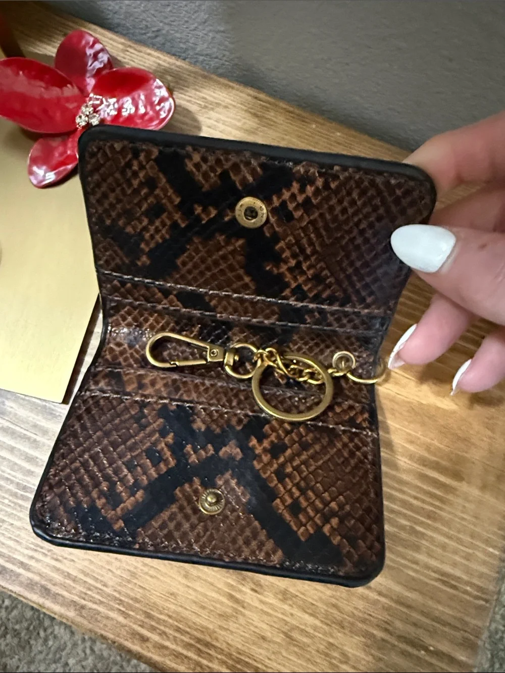 Steve Madden Brown Snake-Print Card Holder with Gold Keychain
